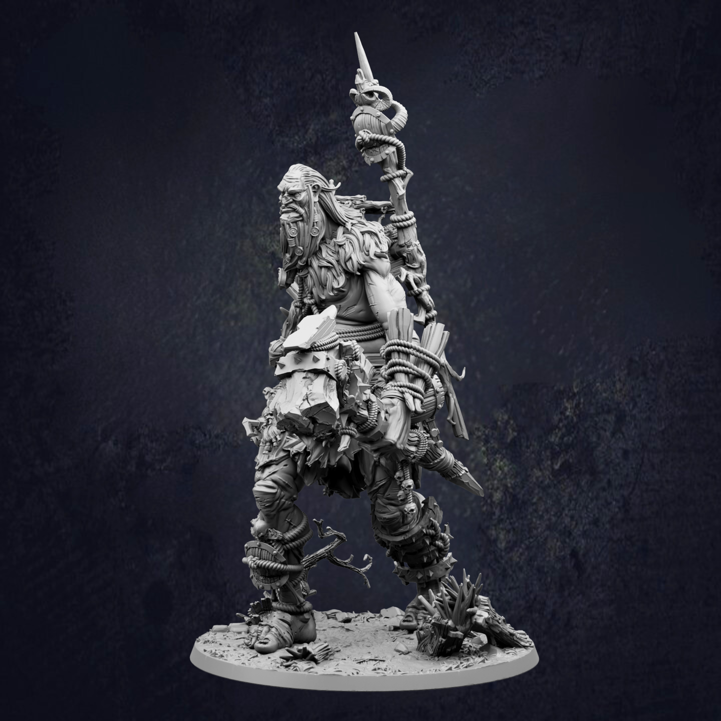 A detailed 3D model of a warrior figure, standing on a base and holding various weapons.