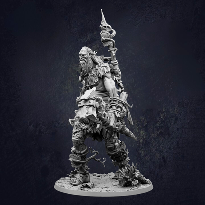 A detailed 3D model of a warrior figure, standing on a base and holding various weapons.