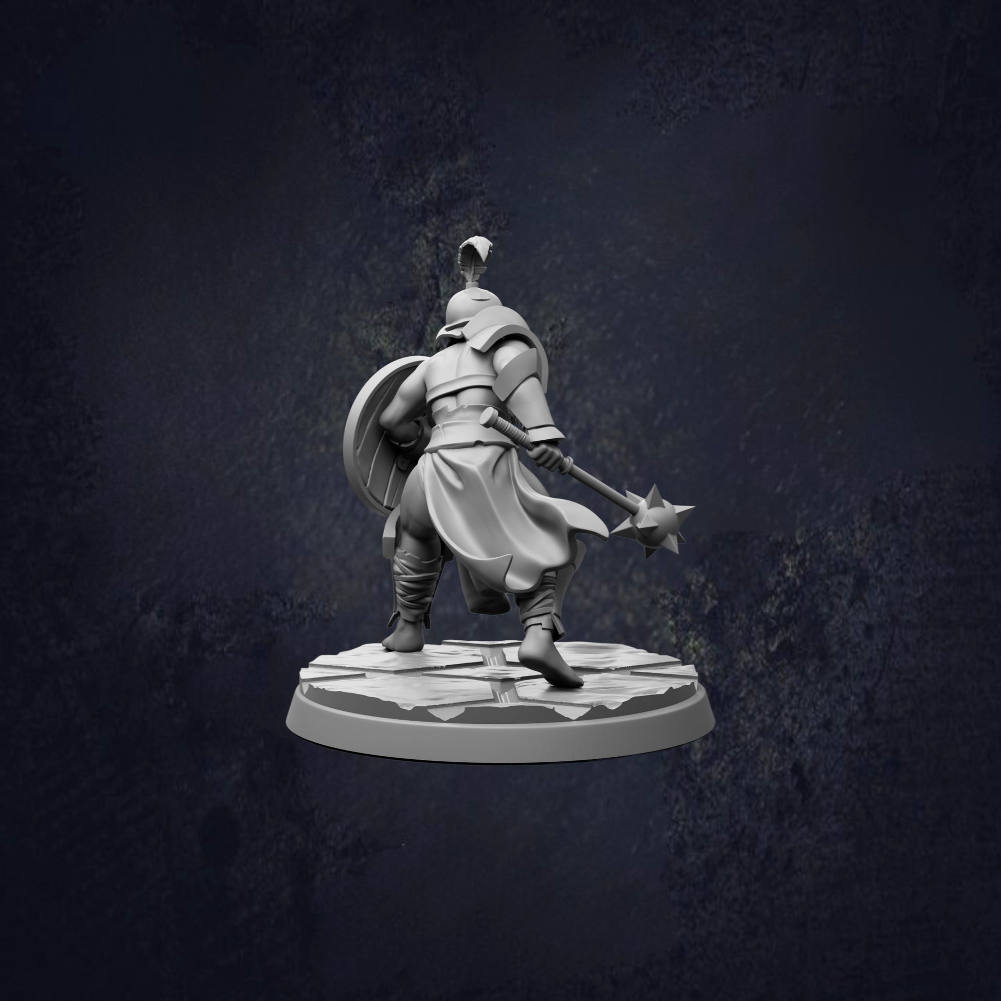A 3D model of a warrior figure holding a weapon and standing on a platform against a dark background.