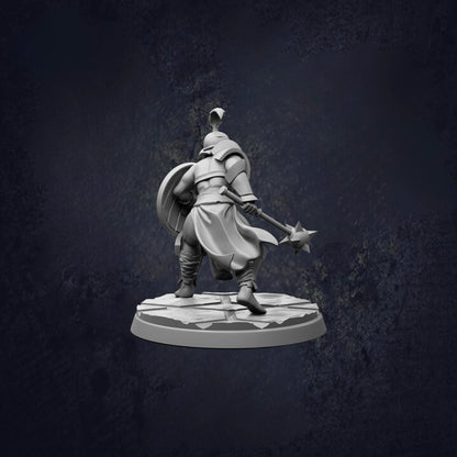 A 3D model of a warrior figure holding a weapon and standing on a platform against a dark background.