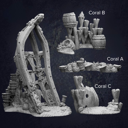 four different sculptures or figurines, each with unique features and designs, labeled as 'Coral B', 'Coral A', 'Coral C', and 'Coral D'.