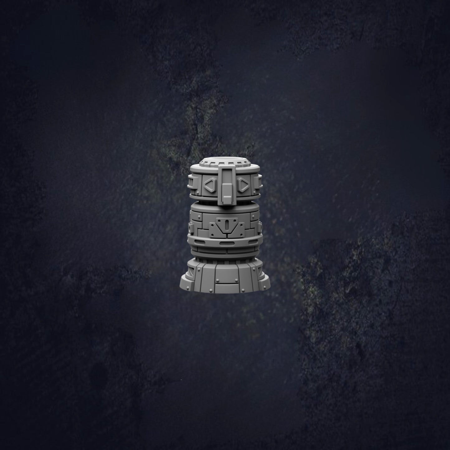 A 3D rendering of a metallic object, possibly a piece of machinery or a sculpture, set against a dark, textured background.
