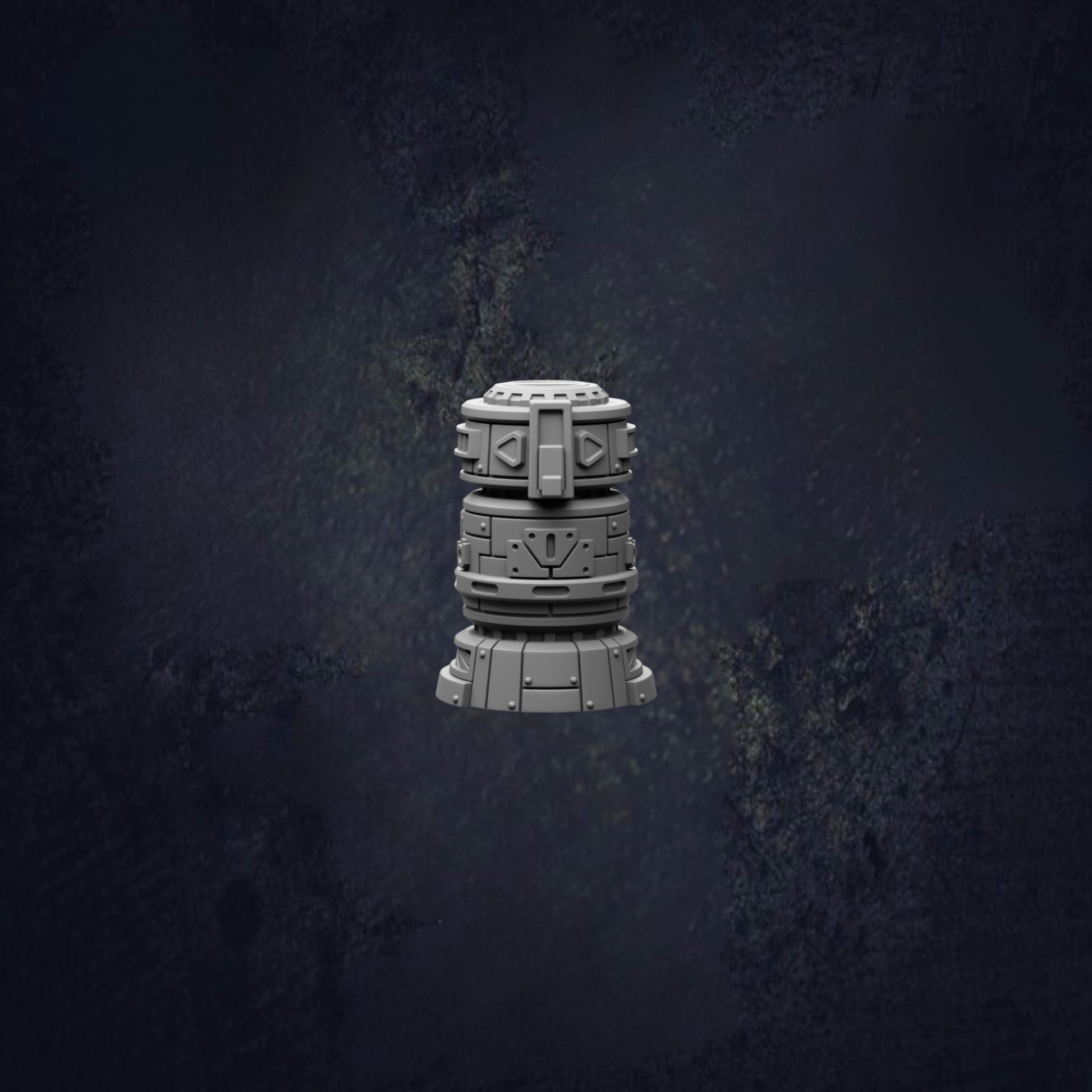 A 3D rendering of a metallic object, possibly a piece of machinery or a sculpture, set against a dark, textured background.