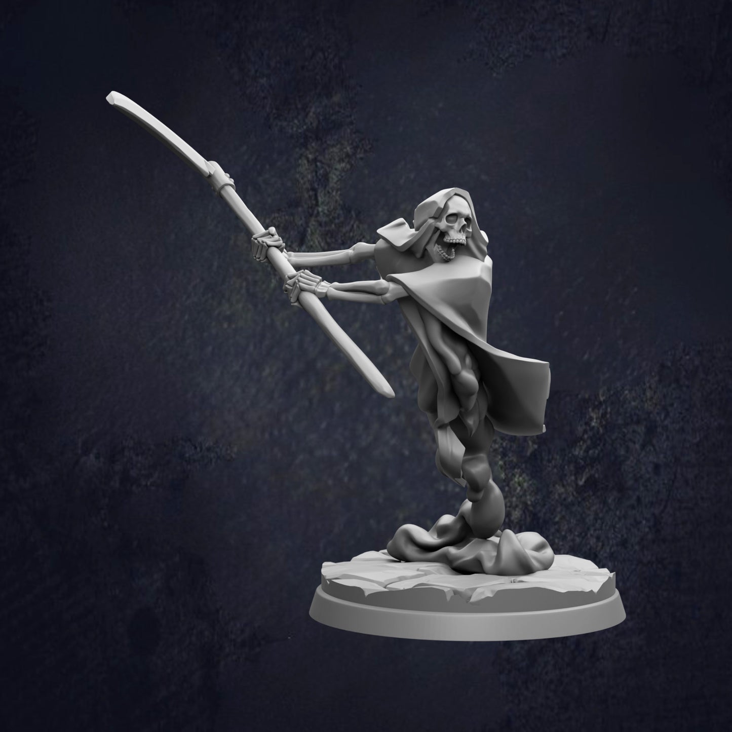A 3D rendering of a skeletal figure holding a weapon, standing on a platform against a dark background.