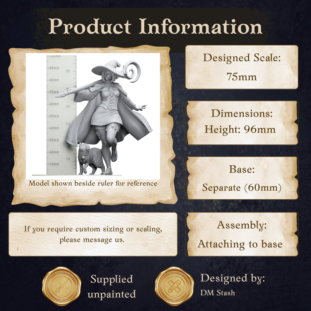 The image is a product information graphic that provides details about a 75mm model shown beside a ruler for reference. It includes dimensions, a base, and assembly instructions.