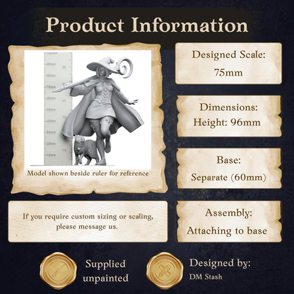 The image is a product information graphic that provides details about a 75mm model shown beside a ruler for reference. It includes dimensions, a base, and assembly instructions.