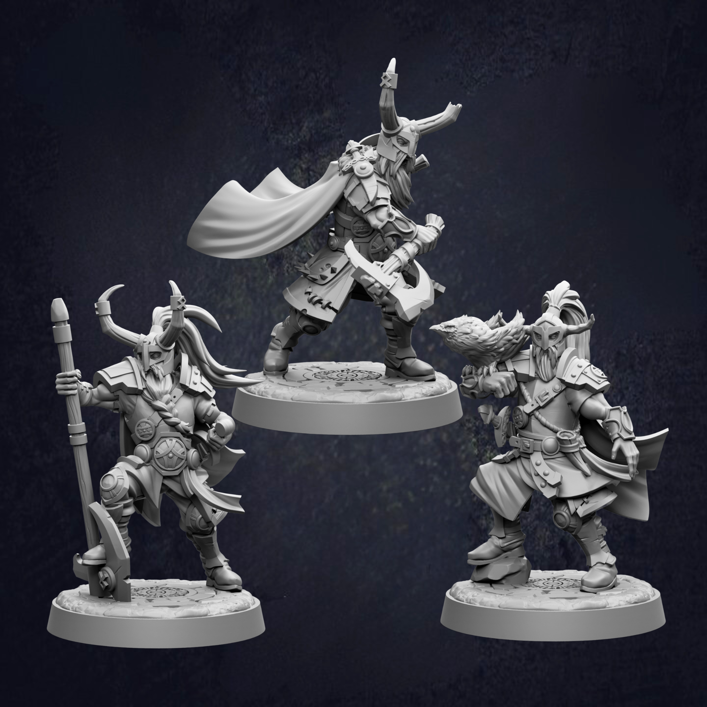 three figurines of fantasy characters, each with distinct poses and weapons, set against a dark background.