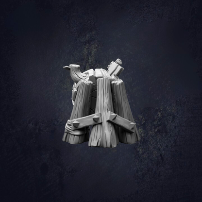 A 3D rendering of a wooden object, possibly a sculpture or a piece of furniture, set against a dark background.