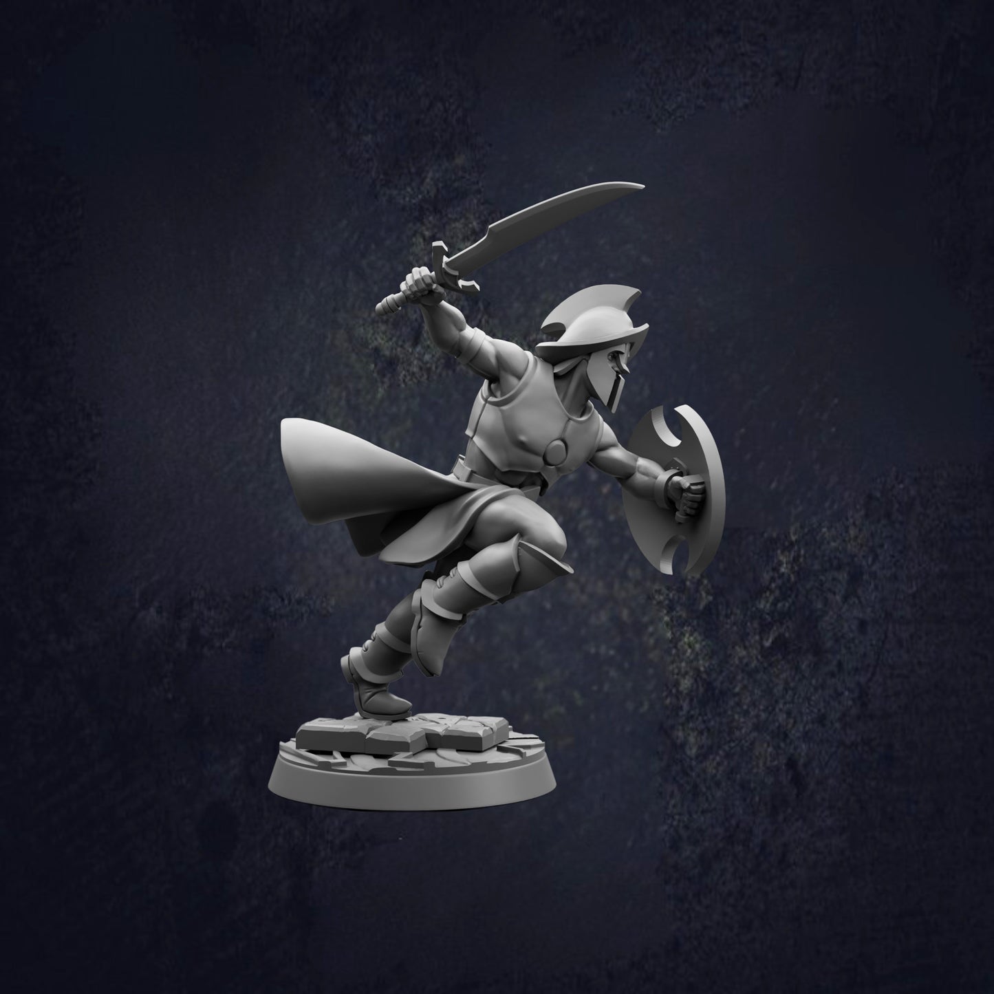 A 3D model of a warrior figure in a dynamic fighting stance, holding a sword and shield, against a dark background.