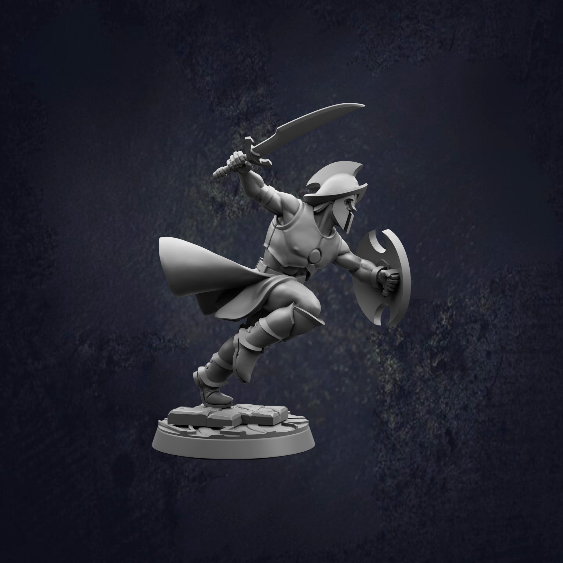 A 3D model of a warrior figure in a dynamic fighting stance, holding a sword and shield, against a dark background.