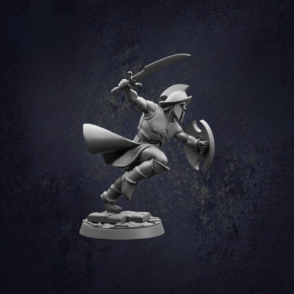 A 3D model of a warrior figure in a dynamic fighting stance, holding a sword and shield, against a dark background.