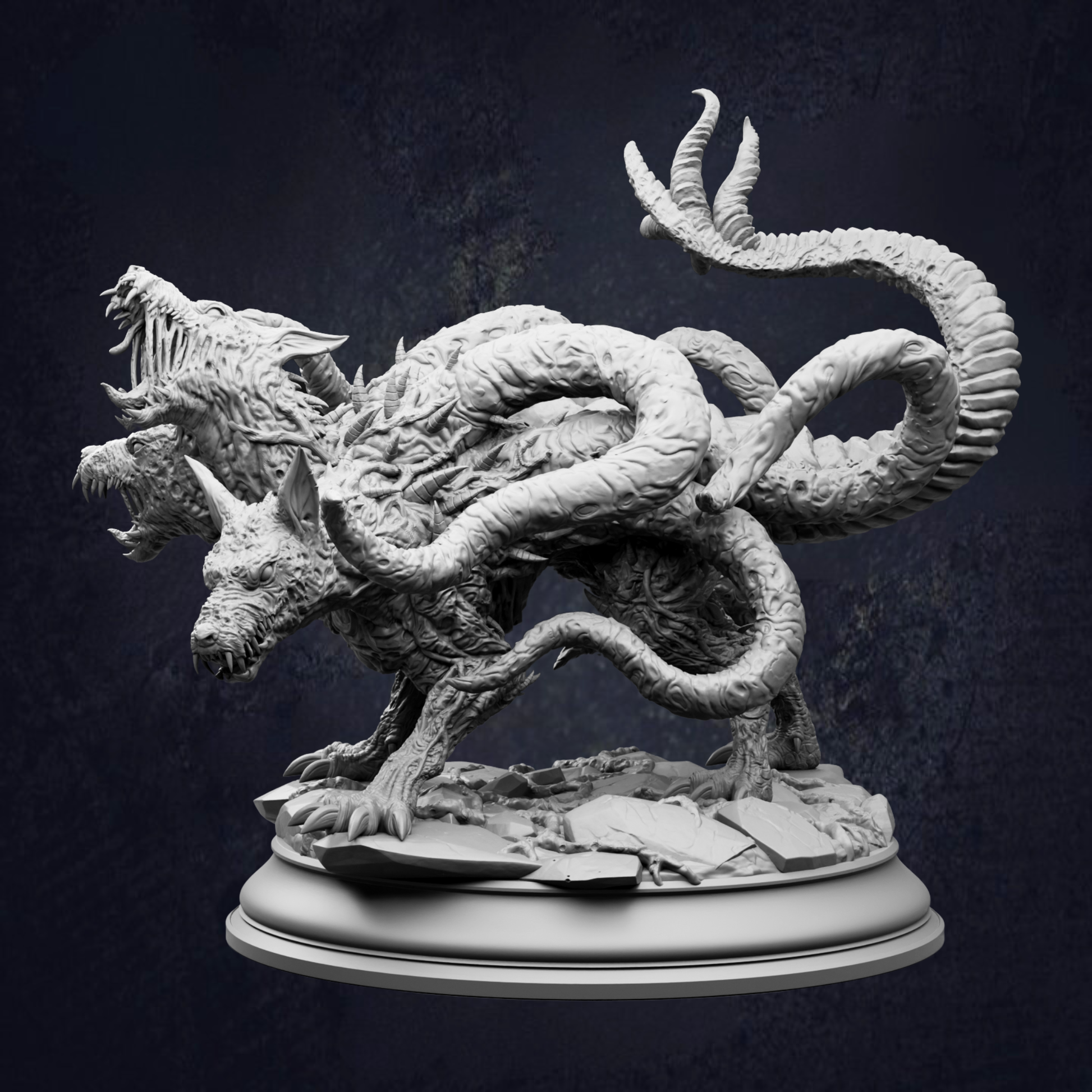 A detailed, intricate, and fantastical sculpture depicting a mythical creature with multiple heads and sharp teeth, standing on a pedestal against a dark background.