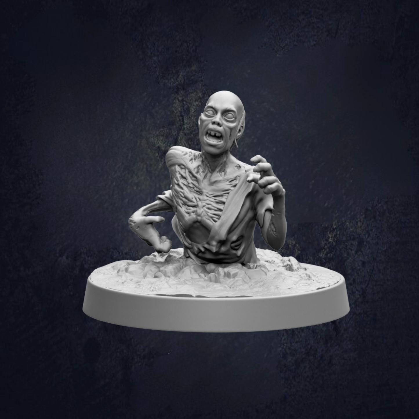 A 3D rendering of a zombie-like creature with a twisted, distorted body and a menacing expression, sitting on a platform against a dark background.