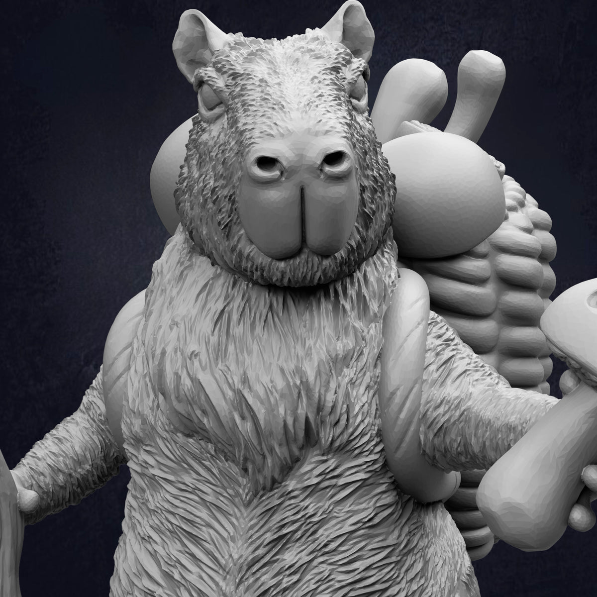 A detailed 3D rendering of a furry animal, possibly a rodent or a bear, with a backpack on its back. The animal appears to be a large, furry creature with a distinctive nose and mouth. The background is dark, which contrasts with the animal and makes it stand out.