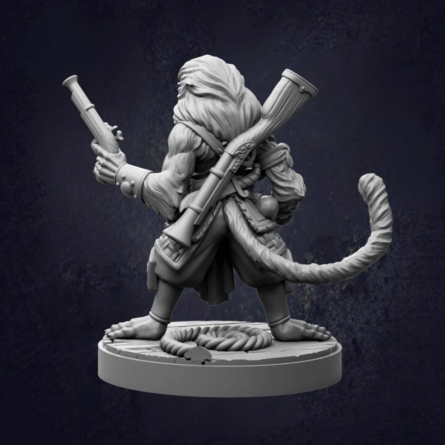 A 3D model of a character with a large gun, wearing a long beard and holding a rope.