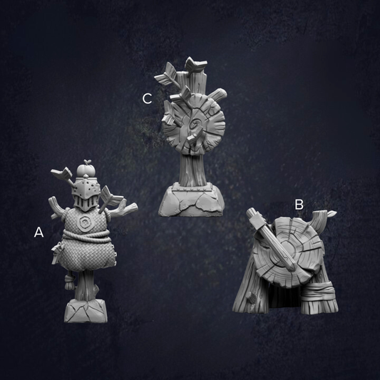 three different sculptures or figurines, each with unique features and designs.