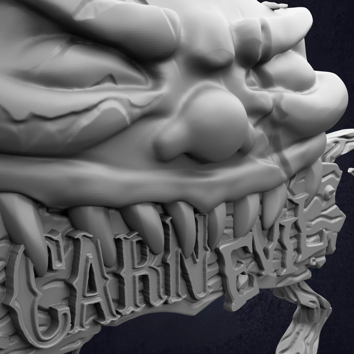 A close-up view of a 3D printed object with a textured surface, featuring the word "CARINEL" prominently displayed.