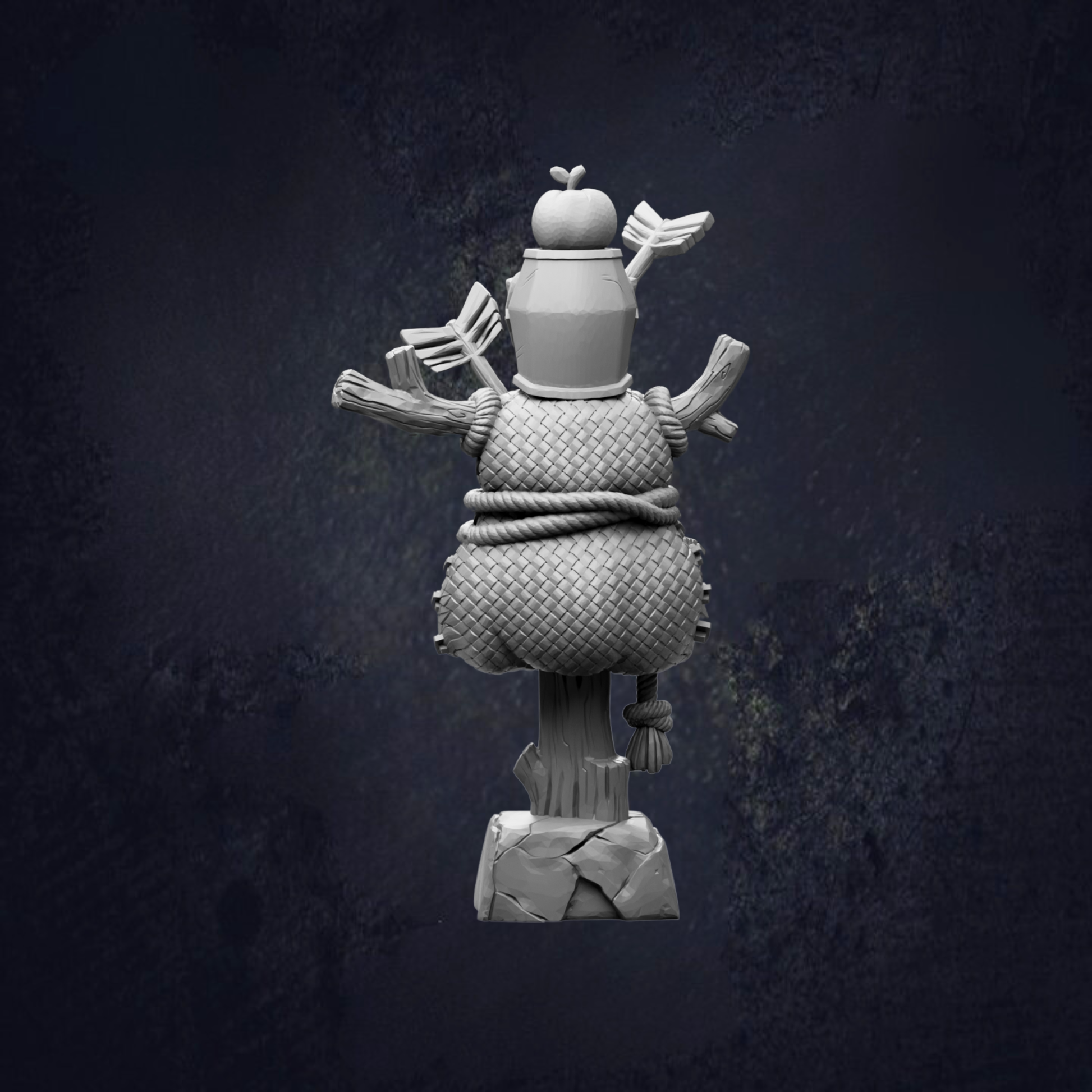 A 3D rendering of a snowman sculpture with a carrot nose, a hat, and a scarf, set against a dark background.