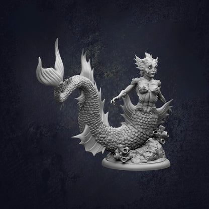 A detailed 3D model of a mermaid-like creature with a tail-like body, standing on a rock formation.