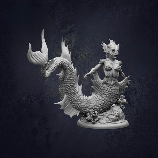 A detailed 3D model of a mermaid-like creature with a tail-like body, standing on a rock formation.