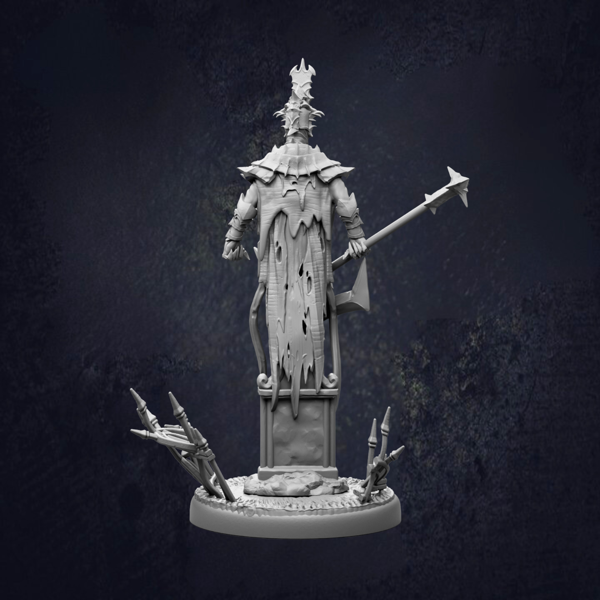 A detailed 3D model of a warrior figure, standing on a pedestal and holding a spear and shield.