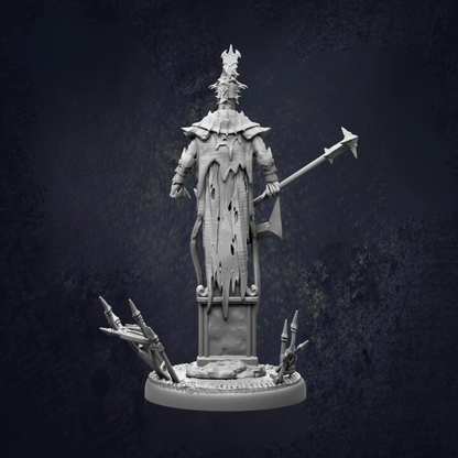 A detailed 3D model of a warrior figure, standing on a pedestal and holding a spear and shield.