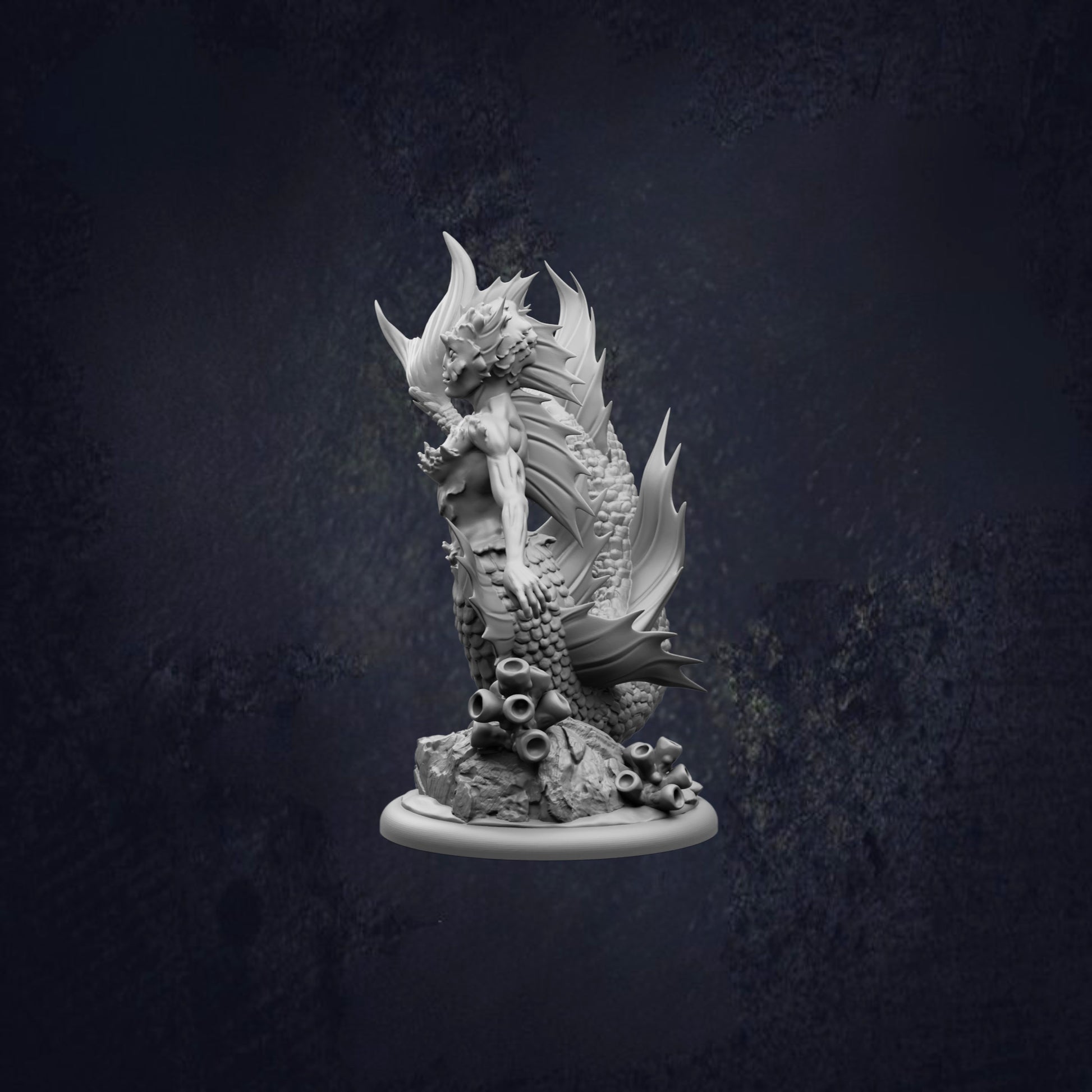 A detailed 3D model of a mermaid-like creature with a long, flowing tail and a large head, standing on a rock formation.
