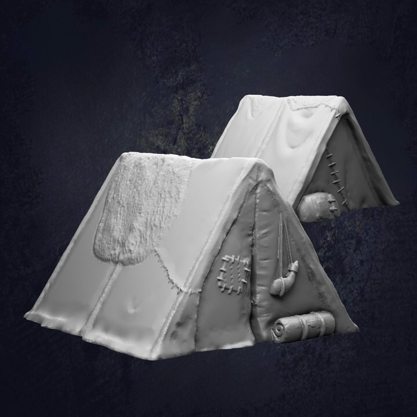 A 3D rendering of a tent with a snow-covered roof, set against a dark background.