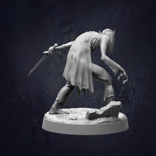 A 3D rendering of a warrior figure, possibly a dragon or monster, in a dynamic fighting stance with a sword in hand.
