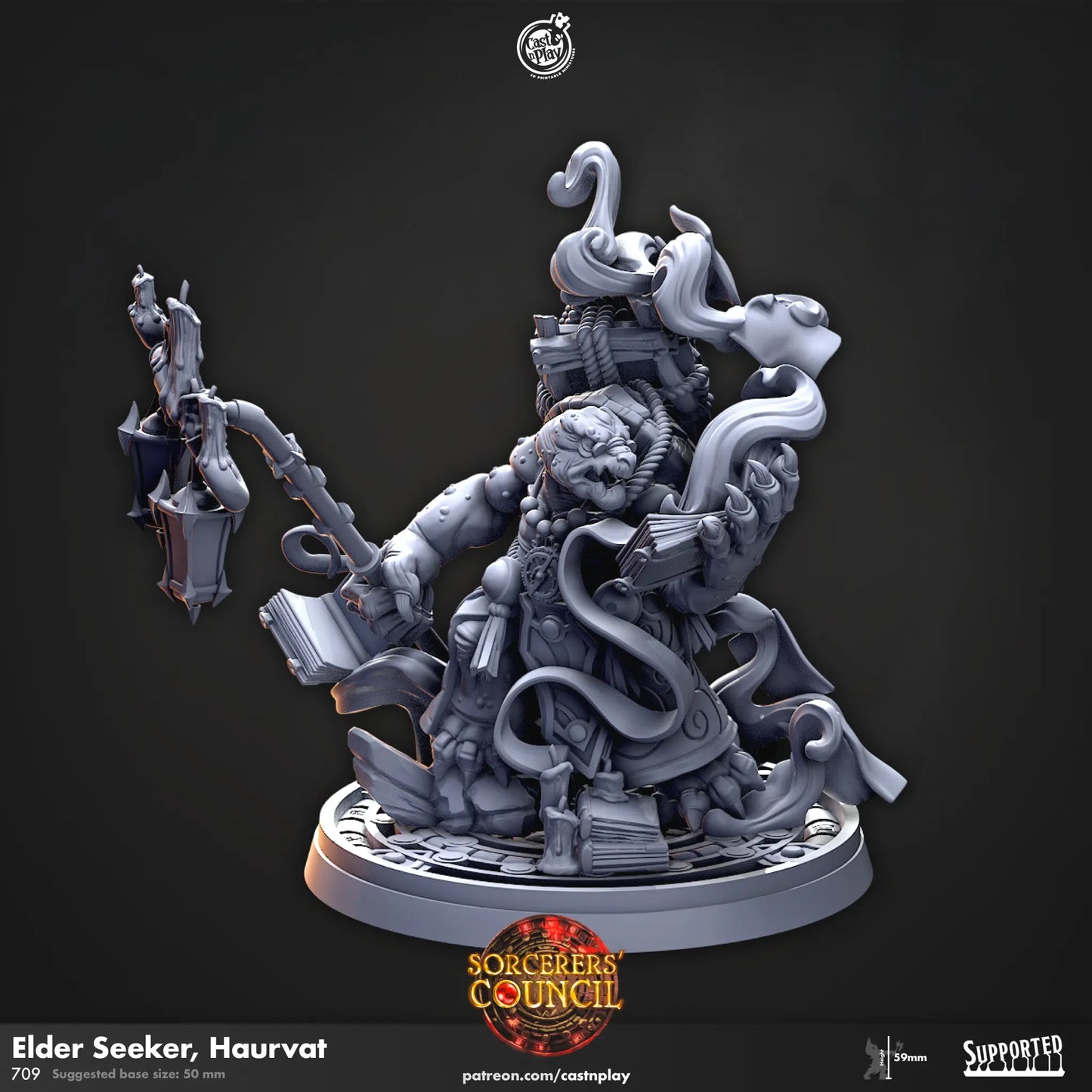 A finely detailed DnD miniature of Haurvat, the Elder Seeker. The character is adorned in ancient, wisdom-infused robes, with symbols that suggest a connection to deep knowledge or divine power. Their posture is upright and dignified, holding a staff or tome of great importance. Haurvat’s facial expression is serene yet commanding, embodying the role of a wise seeker of truth or power.