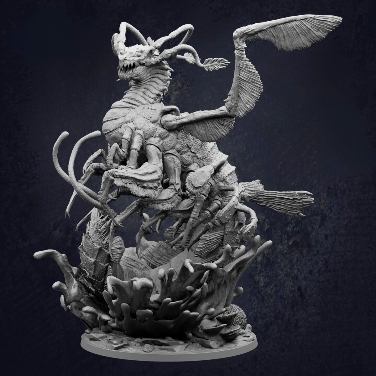 A detailed, intricate, and fantastical sculpture depicting a large, winged creature with sharp teeth and claws, surrounded by a chaotic, organic environment.