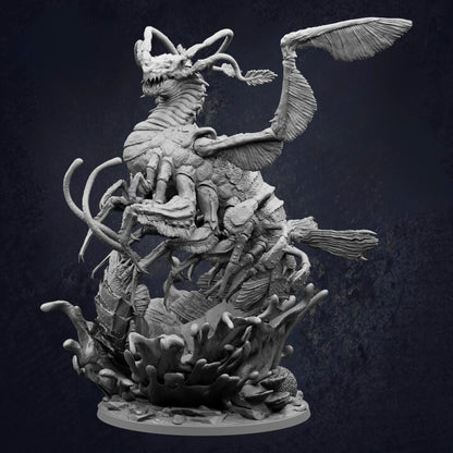 A detailed, intricate, and fantastical sculpture depicting a large, winged creature with sharp teeth and claws, surrounded by a chaotic, organic environment.