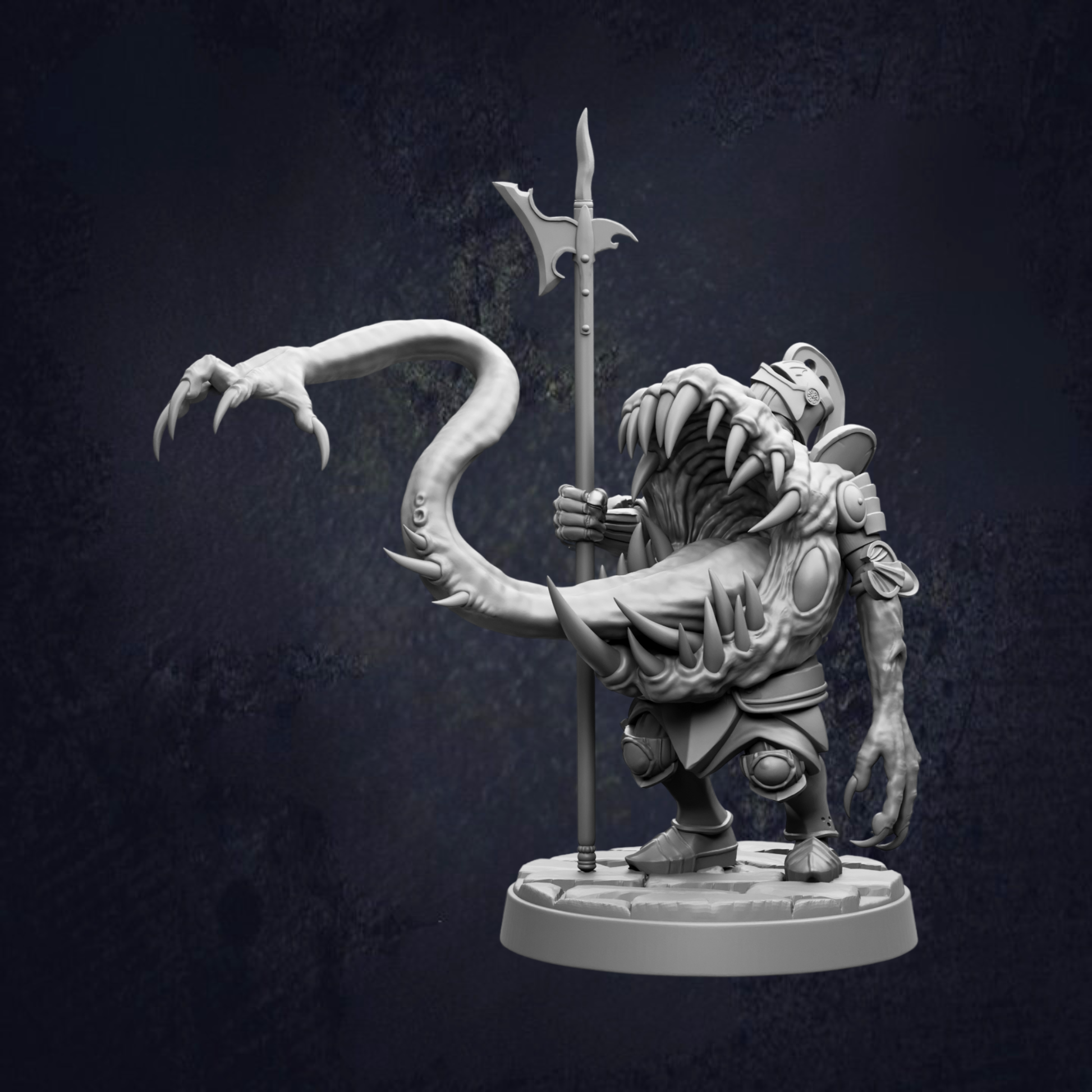 A 3D model of a fantastical creature with sharp teeth and claws, holding a spear and standing on a platform.