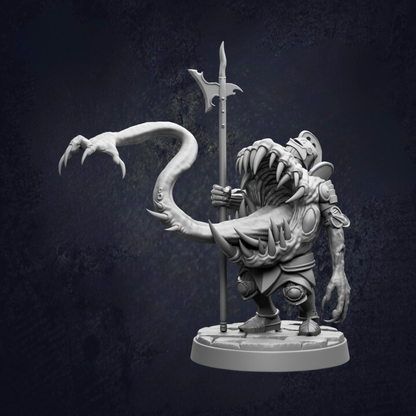A 3D model of a fantastical creature with sharp teeth and claws, holding a spear and standing on a platform.