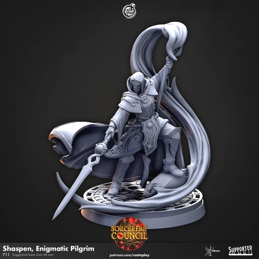 A detailed DnD miniature of Shaspen, the enigmatic pilgrim. The figure features an older, wise-looking character with a weathered cloak and staff. Shaspen's expression is contemplative, and their attire suggests a journey filled with deep knowledge and secrets. The staff is topped with an intricate symbol, possibly representing spiritual or mystical power. The base is textured, adding depth to the pilgrim’s aura of mystery.