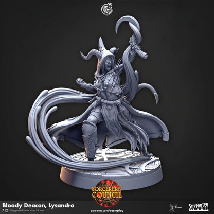 A highly detailed DnD miniature of Lysandra, the Bloody Deacon. The character is clad in dark, gothic armor with intricate details, including bloodstains and ominous symbols. Lysandra holds a weapon—likely a ceremonial weapon or an instrument of dark rituals—with a fierce and determined expression. The figure's ominous design makes it ideal for dark fantasy campaigns, where the character serves as a figure of power and dread.