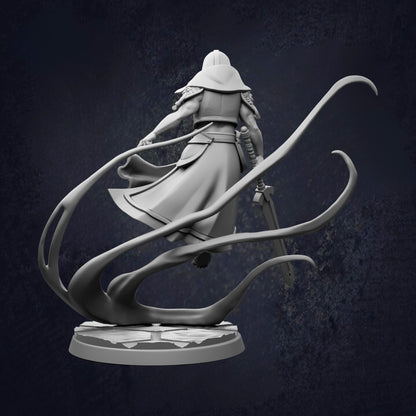 A 3D rendering of a figure in a flowing robe, holding a sword, standing on a platform with a dark background.