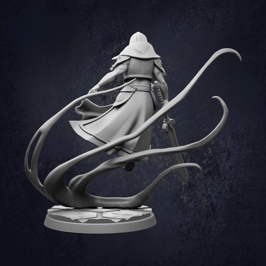 A 3D rendering of a figure in a flowing robe, holding a sword, standing on a platform with a dark background.