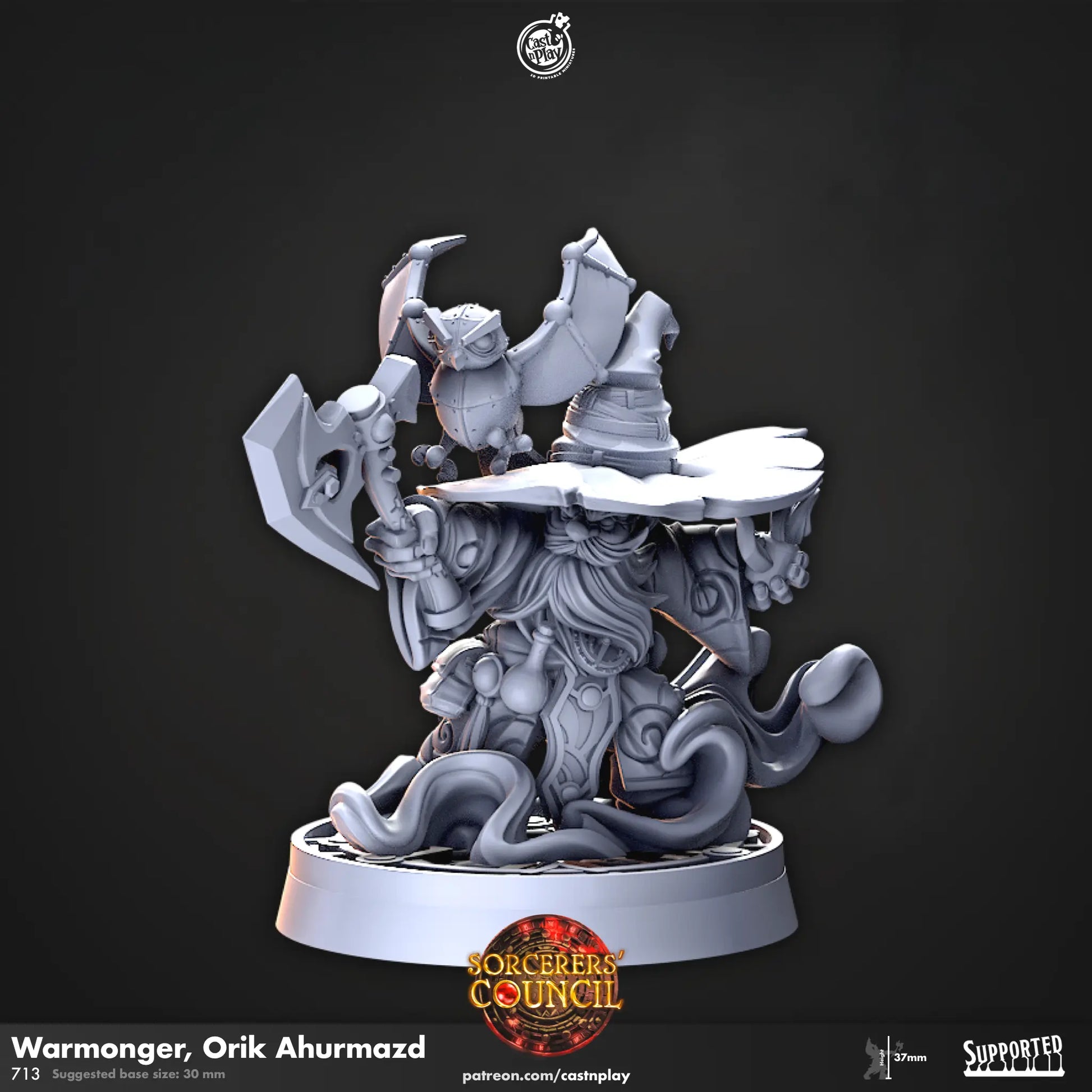 A detailed DnD miniature of Orik Ahurmazd, the Warmonger. This  dwarven wizard is clad in heavy armour with intricate, battle-worn details over his robe, suggesting his status as a seasoned warrior. He holds an axe, and stands in a powerful, combat-ready pose. His stern expression and imposing stance reflect his role as a fierce and unyielding leader. The textured base enhances his presence as a formidable force on the battlefield.