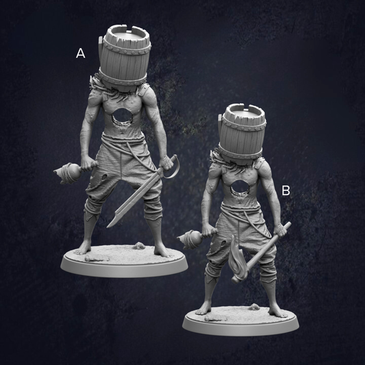 two figurines of a character with a barrel-shaped head, each holding a weapon and standing on a base.