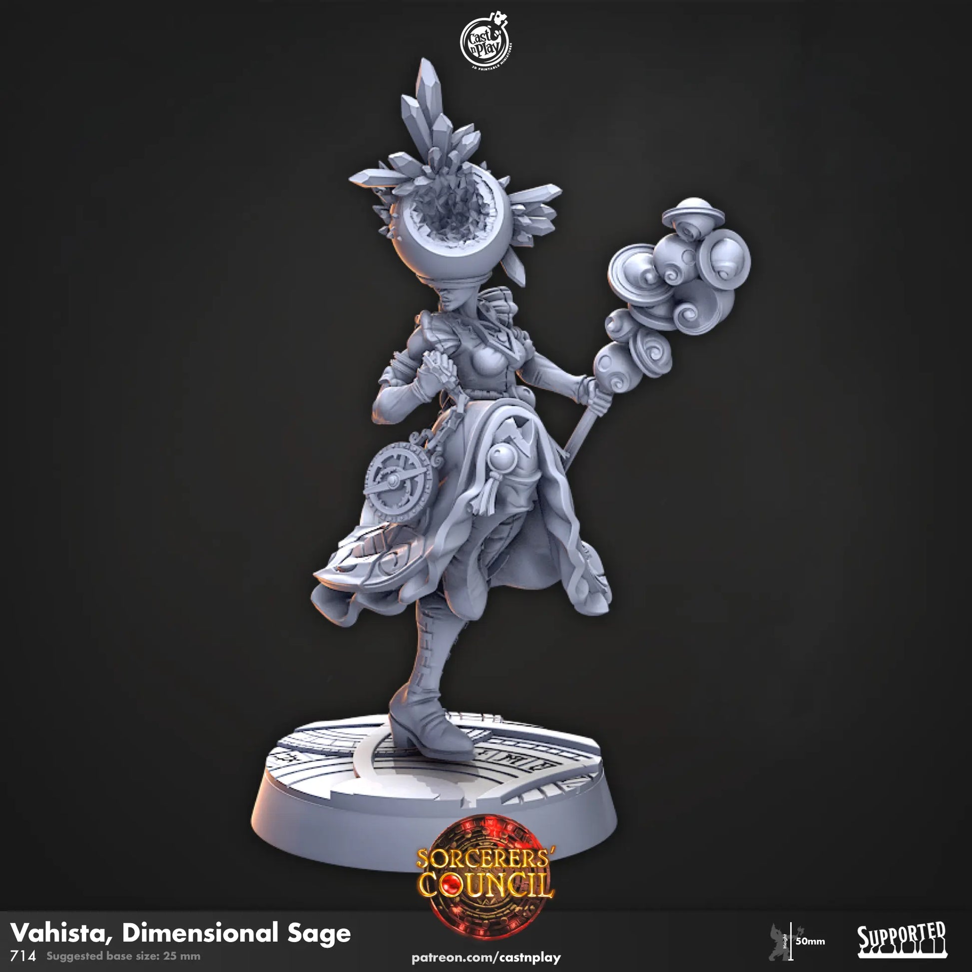 Unpainted 3D-printed resin miniature of Dimensional Sage Vahista for DnD and tabletop RPGs. Highly detailed and perfect for painting, customization, and wargaming.