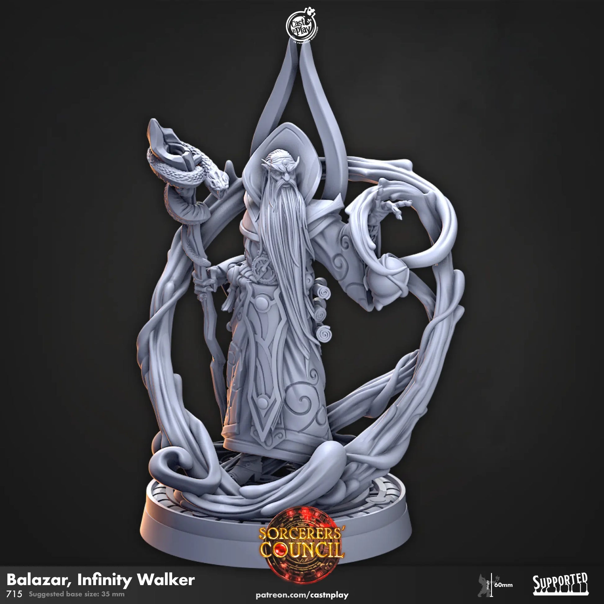 Unpainted 3D-printed resin miniature of our male human wizard - Infinity Walker Balazar for DnD and tabletop RPGs. Highly detailed and perfect for painting, customization, and wargaming. 