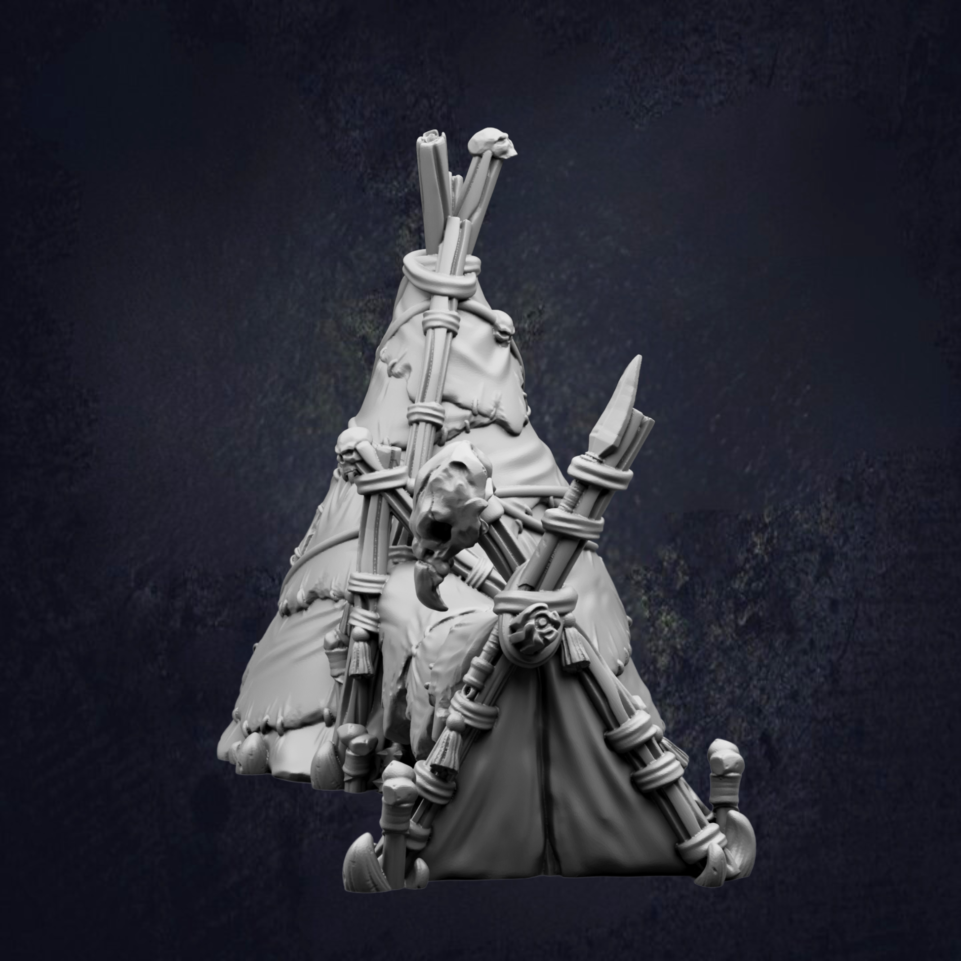 A 3D rendering of a figure in a tent-like structure, with various objects and accessories attached to it, set against a dark background.