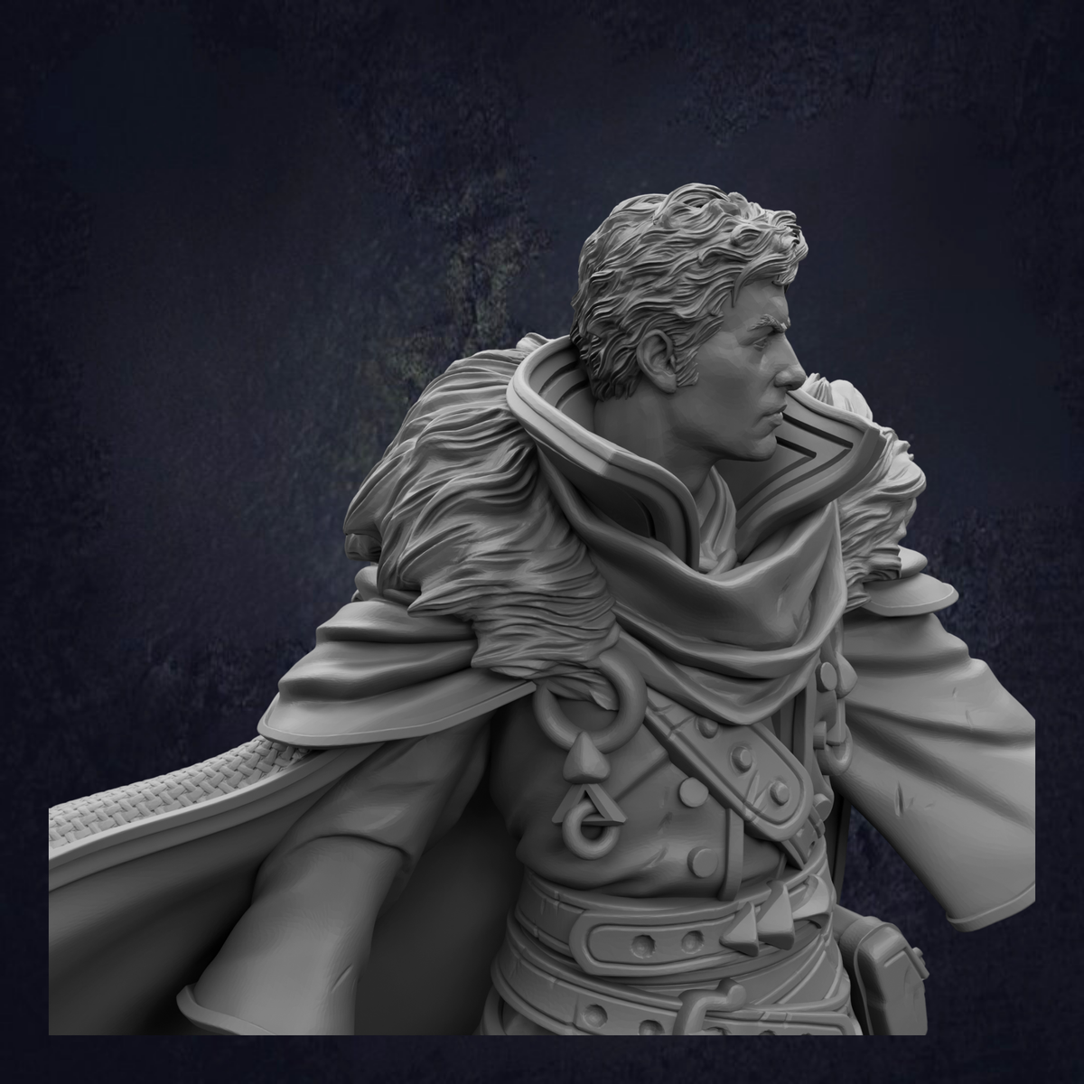 A detailed 3D model of a warrior figure, with intricate armor and a flowing cape, set against a dark background.