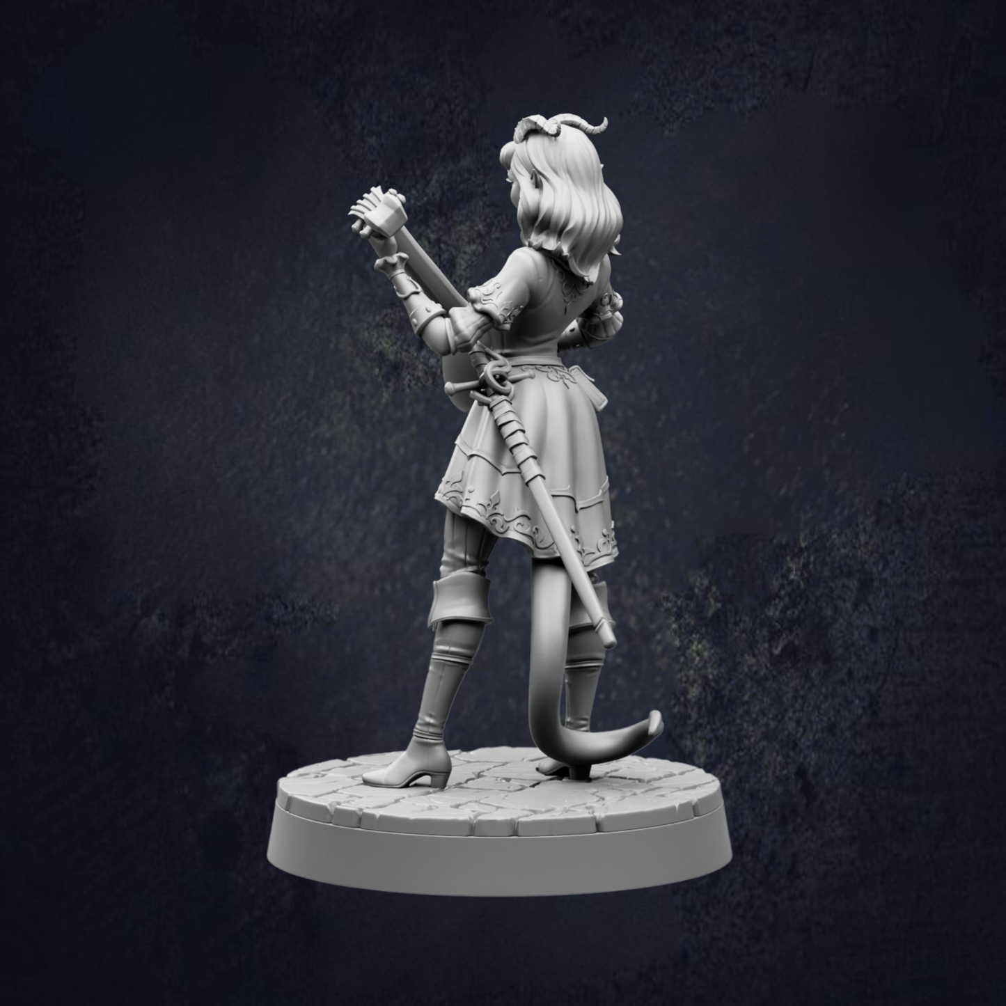 A 3D model of a female character with long hair, wearing a dress and holding a sword, standing on a pedestal against a dark background.