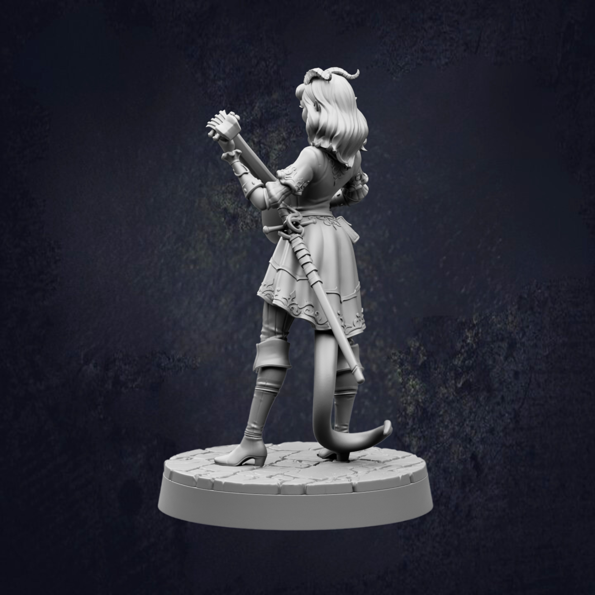 A 3D model of a female character with long hair, wearing a dress and holding a sword, standing on a pedestal against a dark background.