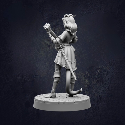 A 3D model of a female character with long hair, wearing a dress and holding a sword, standing on a pedestal against a dark background.