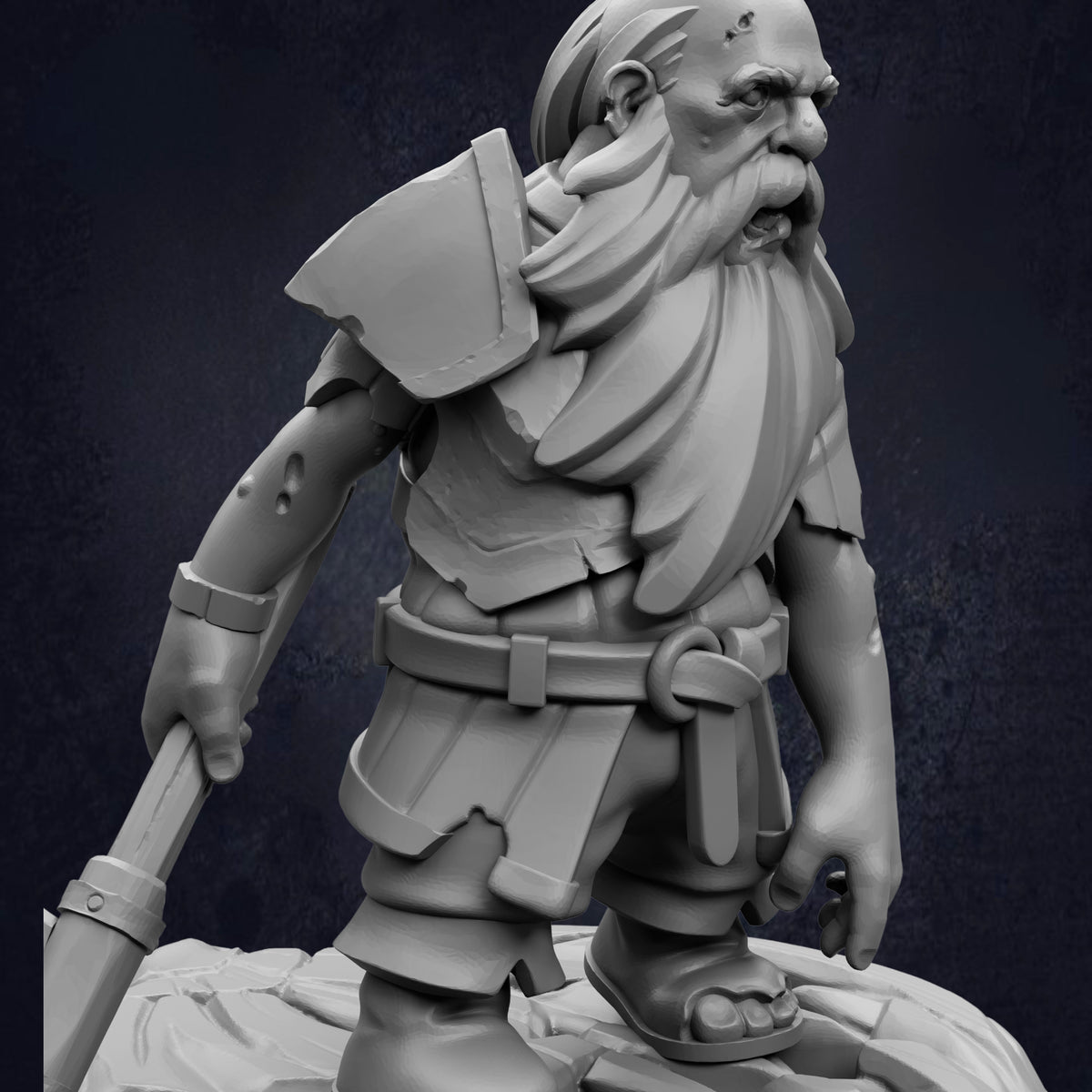 A detailed 3D rendering of a bearded, armored dwarf figure holding a weapon, set against a dark background.