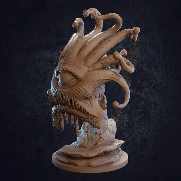 A highly detailed miniature of a bioluminescent-eyed monster with an eerie, otherworldly appearance. The creature’s large, glowing eyes emit an unsettling light, contrasting with its dark, twisted body covered in alien textures. It has multiple limbs or tentacles, adding to its monstrous, nightmarish look. The figure exudes a sense of dread, perfect for encounters involving eldritch horrors or creatures from other realms.
