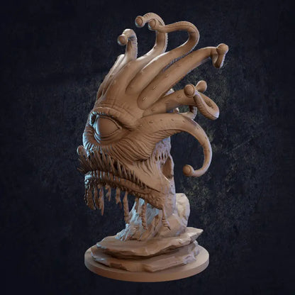 A highly detailed miniature of a bioluminescent-eyed monster with an eerie, otherworldly appearance. The creature’s large, glowing eyes emit an unsettling light, contrasting with its dark, twisted body covered in alien textures. It has multiple limbs or tentacles, adding to its monstrous, nightmarish look. The figure exudes a sense of dread, perfect for encounters involving eldritch horrors or creatures from other realms.